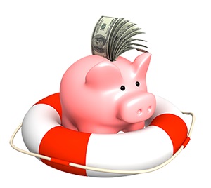 picture of piggy bank and bills in a life preserver