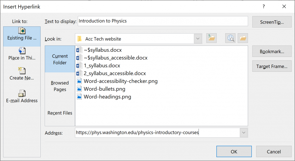 Screenshot of Insert Hyperlink dialog box.