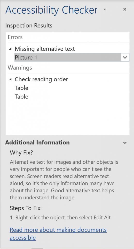 Screenshot of the Accessibility Checker dialogue box that shows Errors, Warnings, and Tips for increasing accessibility.