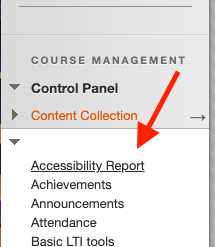 Screenshot showing the accessibility report link in Blackboard.