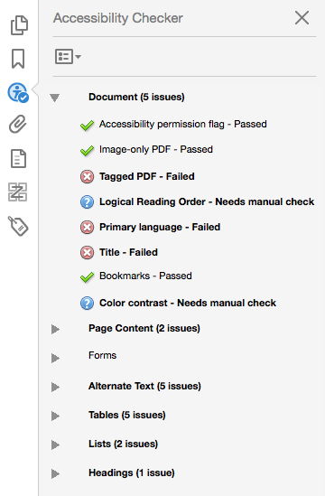 Screenshot showing the results of the Accessibility Checker in Adobe Acrobat Pro
