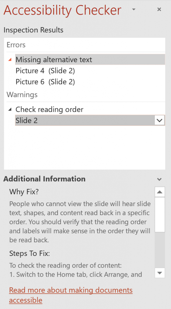 Screenshot showing Accessibility Checker that points out Errors, Warnings, and Tips.