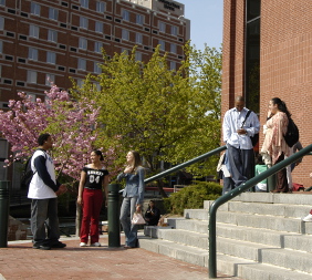 Photo of students in front of Cowan Center Lowell