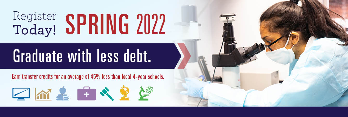 MCC student in a science lab - Register Today!  SPRING 2022 Graduate with less debt.