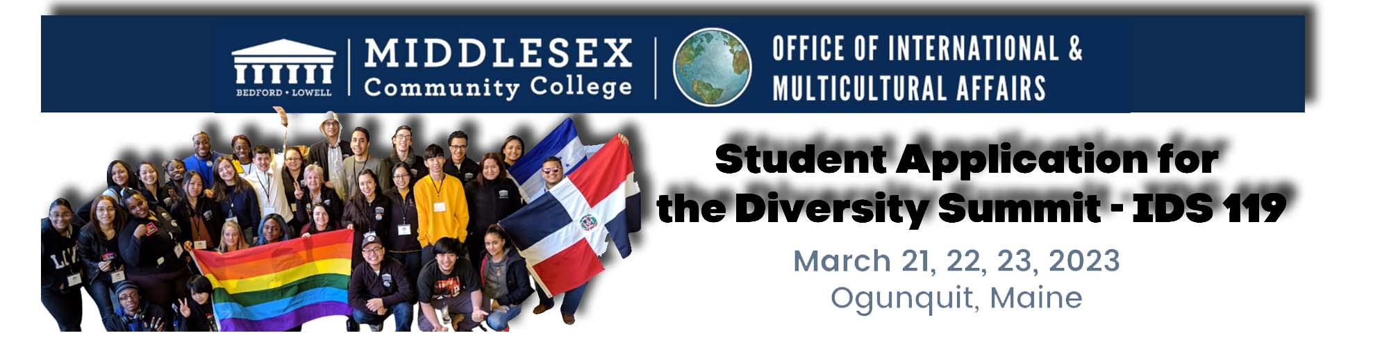 Diversity Summit banner with dates of event and photo of MCC students holding flags