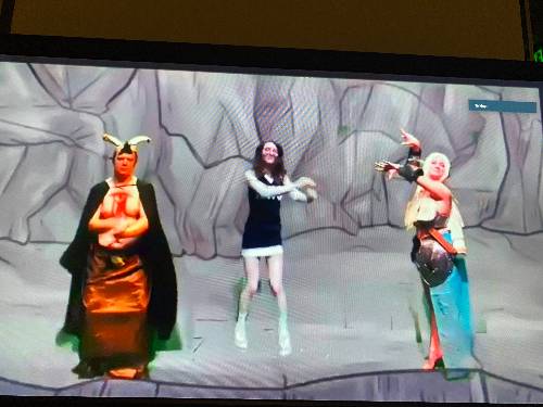 she kills monsters; orcus, agnes, and kaliope in the dance off 