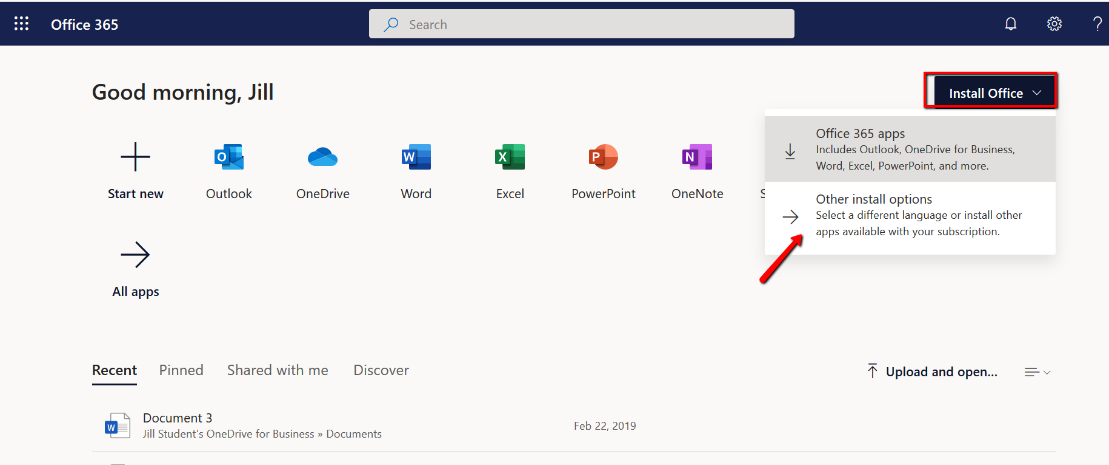 Image showing install office drop down on right side of screen